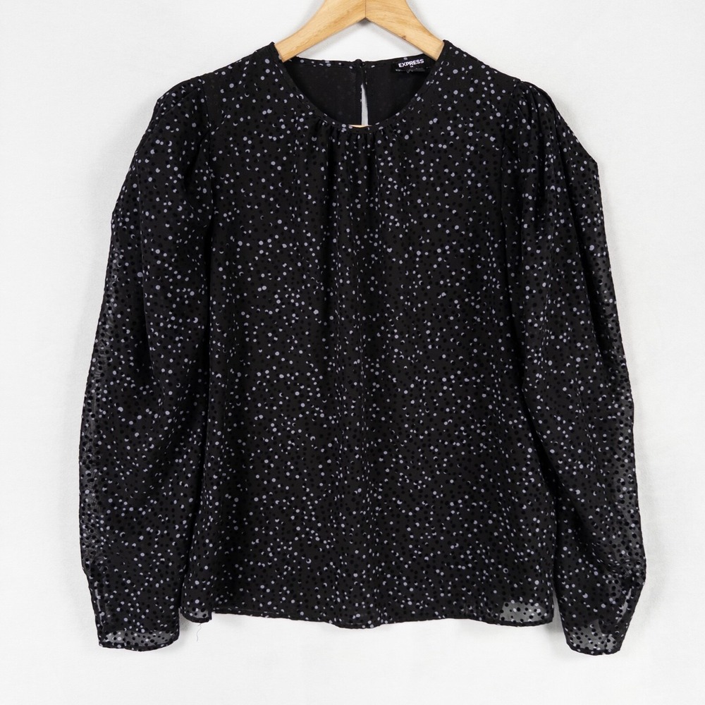 Express Blouse Top Small Black Gray White Velvet Dots Lined Puffed Long Sleeves